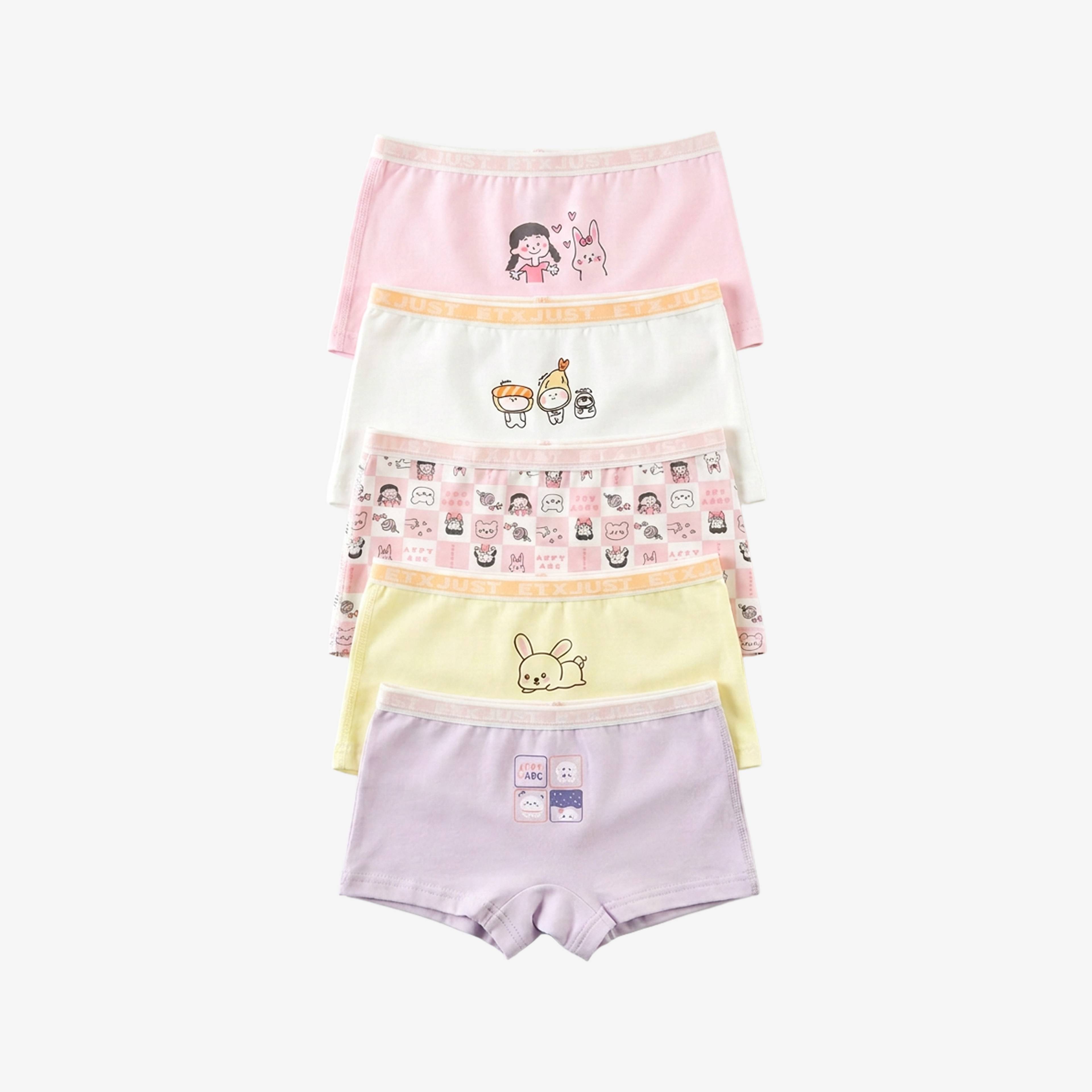 [GB080] ETX JUST Girls 5-Pack Premium Cotton Boyshorts | Ultra-Soft 95% Cotton Stretch Underwear with Cute Cartoon Prints