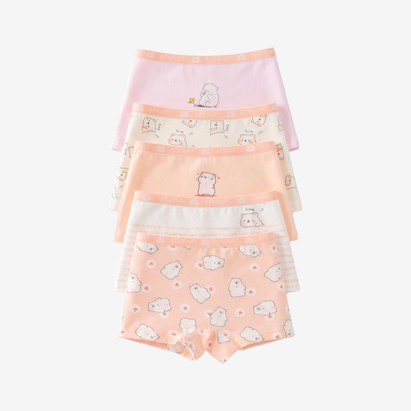 [GB078] ETX JUST Girls’ Premium Cotton Bear Print Boxer Briefs, 5-Pack
