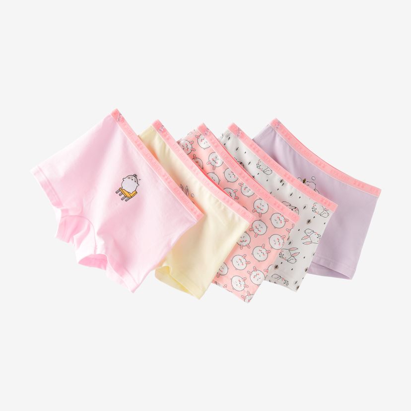 [GB079] ETX JUST Girls 5-Pack Cotton Boxer Briefs – 95% Cotton Soft Breathable Stretch Underwear for Kids & Toddlers, Cute Bunny Prints